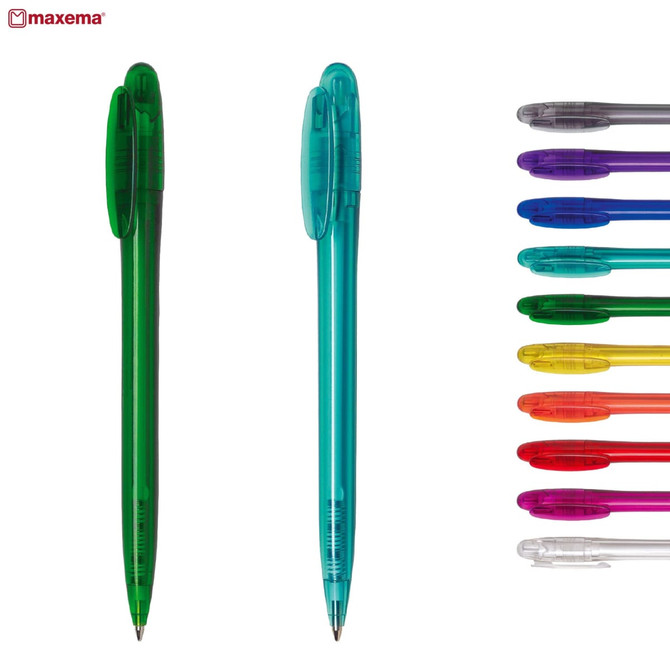 A collection of plastic pens in green and turquoise, with additional pens in various colours displayed on the right.