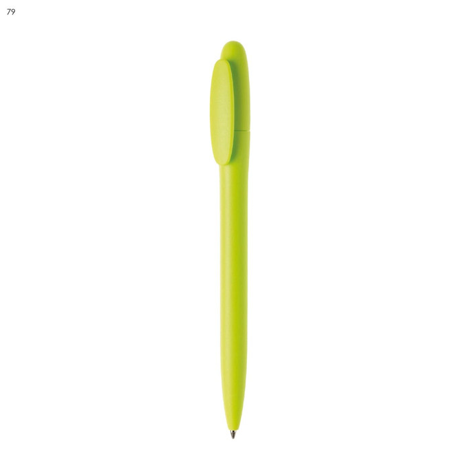 A plastic pen in bright lime green with a rounded top and a clip. It features a logo on the side.