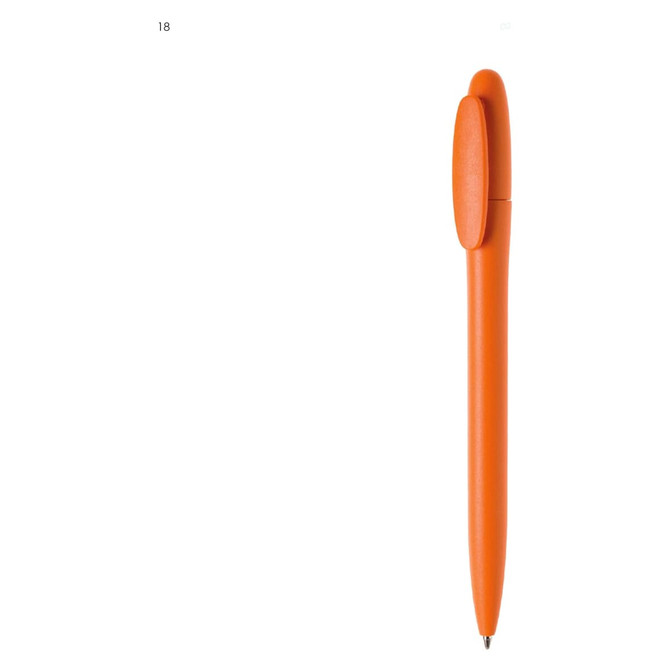 An orange plastic pen with a round top and a clickable mechanism, featuring a logo on the side.