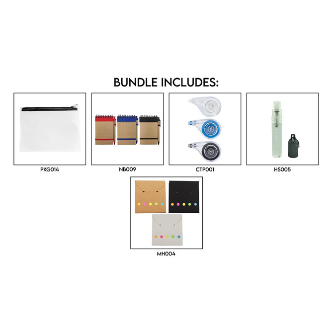 A clear zip pouch, assorted notepads in red, blue, and green, tape measures, and a grey drink bottle with a logo.