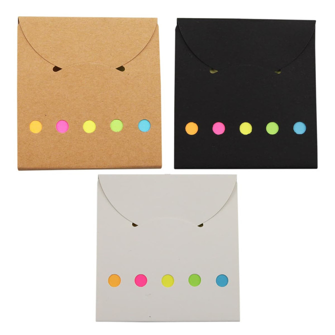 Three envelope-shaped pouches in brown, black, and white, each featuring colourful dot accents in pink, yellow, and green.
