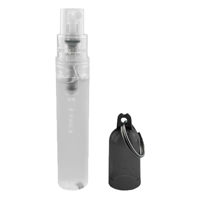 A transparent spray bottle with a black cap and keyring attachment, designed for easy portability.