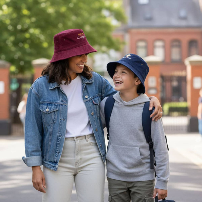 A maroon bucket hat and a navy bucket hat worn by a woman and a child, smiling together outdoors.