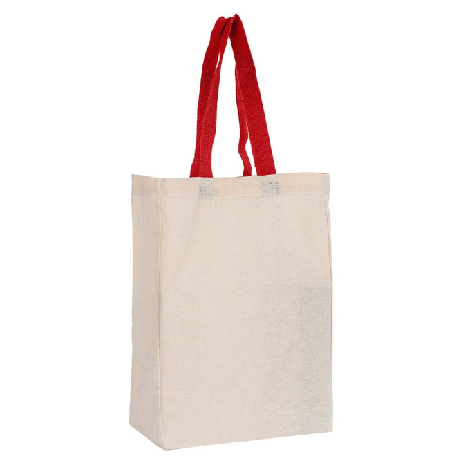 A calico trade show bag in natural colour with red handles. It has a logo on one side.