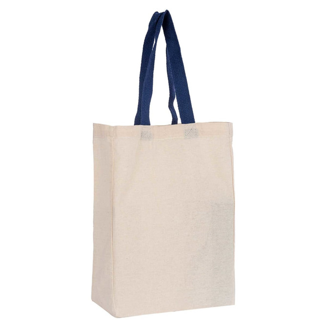 A cream-coloured calico trade show bag with navy blue handles and a logo on the front.