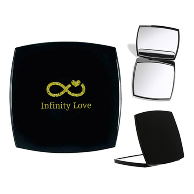 A compact mirror in a black square case featuring a logo and two reflective mirrors inside.