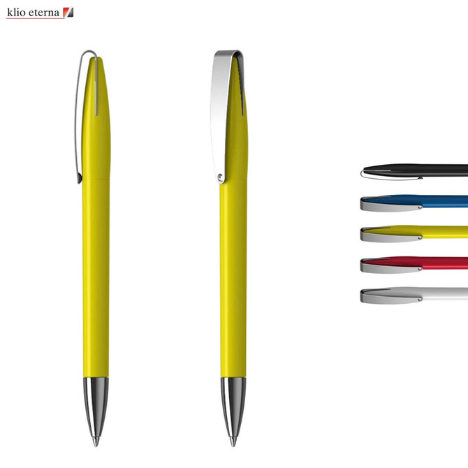 A yellow plastic pen with a silver clip and multiple ink colours displayed beside it, featuring a logo.