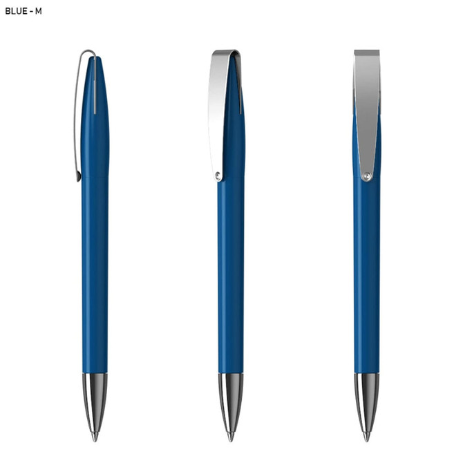 A blue plastic pen with a silver clip, displayed from three angles. It has a sleek and simple design.
