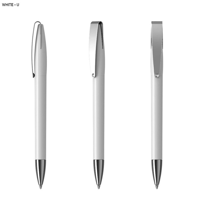 A white plastic pen with a silver clip and accents, displayed from three different angles.