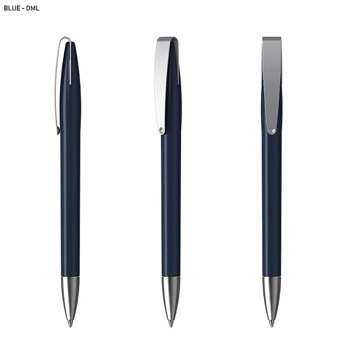 A blue plastic pen with a metallic clip, featuring a sleek design and chrome accents.