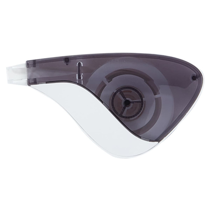 A correction tape dispenser in a sleek grey and white design, featuring a circular tape mechanism and a logo.