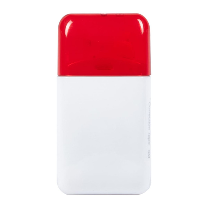 A correction tape dispenser with a white body and a bright red cap, featuring a logo on its surface.
