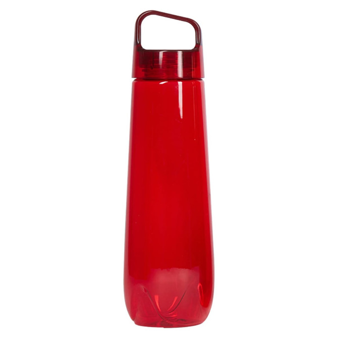 A drink bottle in bright red with a handle and a sleek design. It includes a logo on its surface.