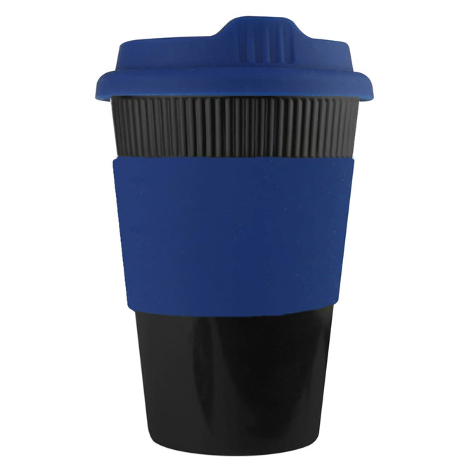 A drink bottle in blue with a black silicone sleeve and base. It features a lid and has a logo.