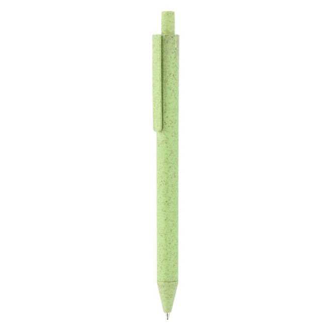 A green eco pen with a minimalist design, featuring a clip and a branded logo.