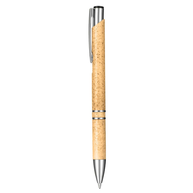 A cork and silver plastic pen featuring a sleek design and a prominent clip. It includes branding on the body.