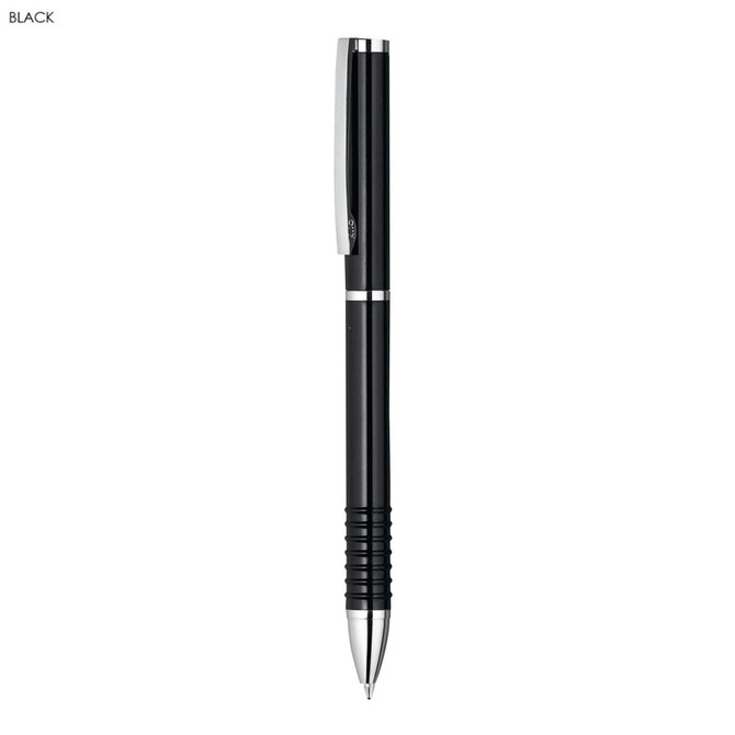 A black metal pen with a sleek design, featuring a silver clip and ribbed grip. It includes a logo on the barrel.