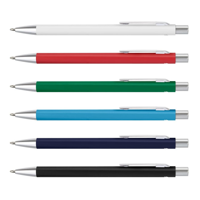 A collection of metal pens in white, red, green, light blue, navy, and black, each featuring a silver clip and tip.