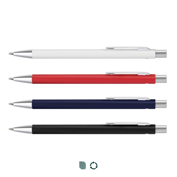 A set of four metal pens in white, red, navy, and black, each featuring a silver clip and branding.