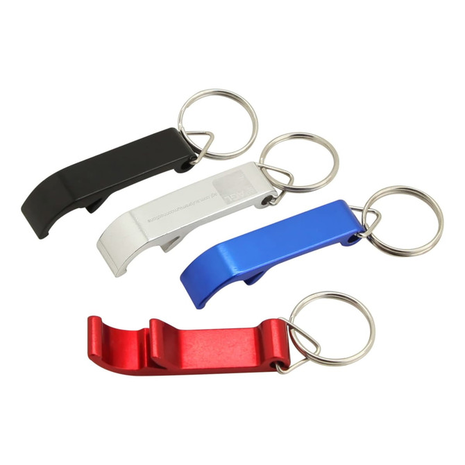A drink bottle opener key ring collection in black, white, blue, and red, featuring a metal keyring and logos.