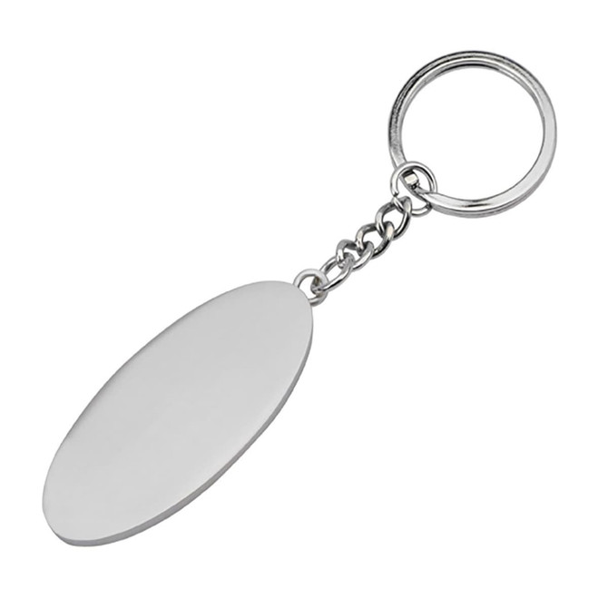 A silver oval-shaped key ring with a chain attachment, featuring a blank surface for engraving or customisation.