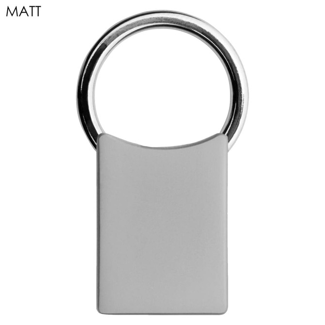 A grey rectangular key ring with a silver metal ring, featuring a smooth surface and simple design.
