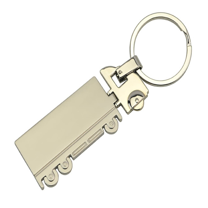 A silver key ring shaped like a cargo truck, featuring a large flat section and wheels design.