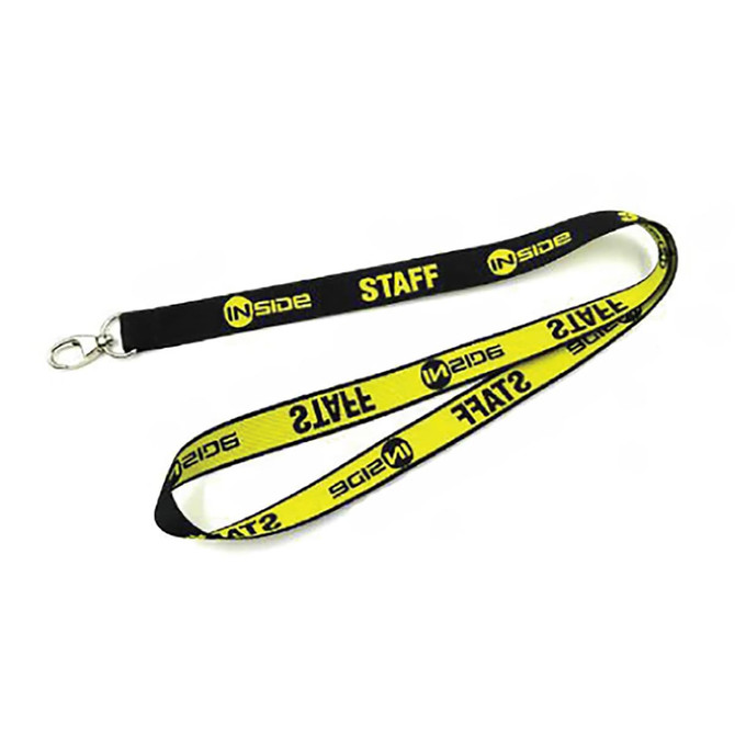 A woven lanyard featuring yellow and black colours with a logo, designed for events and exhibitions.