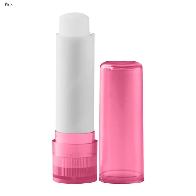A lip balm stick featuring a white balm and a pink translucent casing with a matching base.