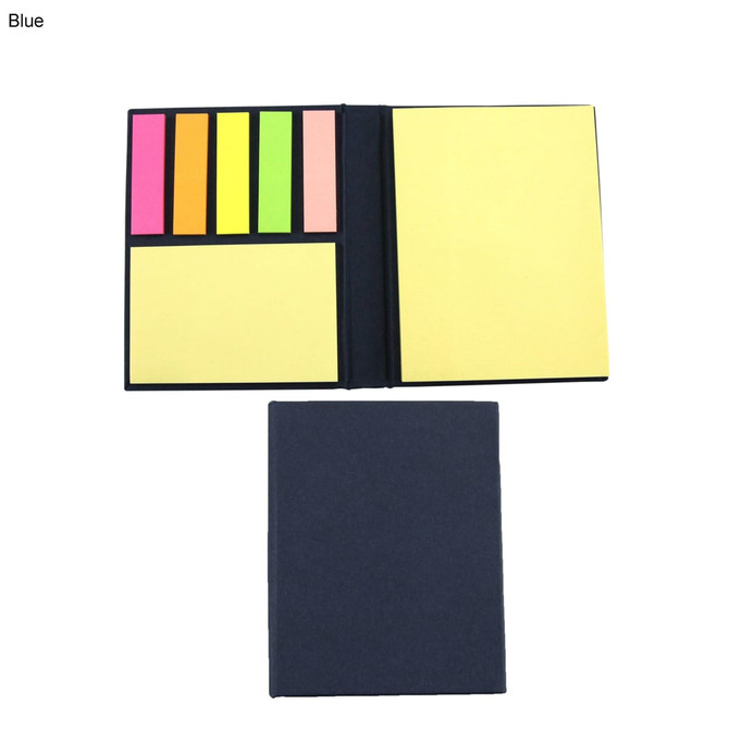 A blue sticky note pad featuring yellow, pink, and orange sticky notes inside a black cover.