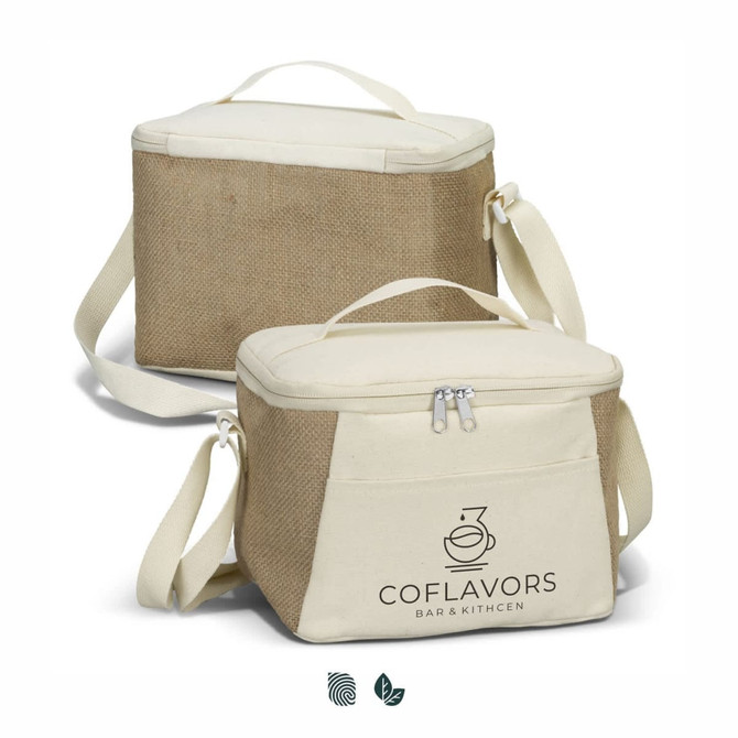 A jute cooler bag in natural and cream colours with a zip closure and shoulder strap, featuring a logo.