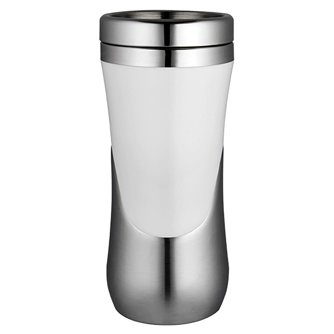 A travel mug featuring a sleek white body with a stainless steel base and an integrated logo.