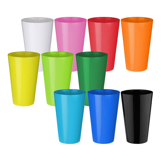 A set of ten plastic cups in various bright colours: white, pink, red, orange, yellow, green, blue, and black.