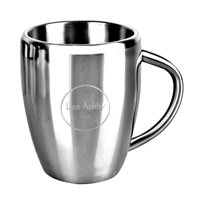 A stainless steel coffee mug with a sleek design and a handle, featuring a branded logo.