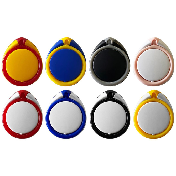 A collection of eight I-Stand Rings in various colours: red, yellow, blue, black, white, and pink, with a logo on each.