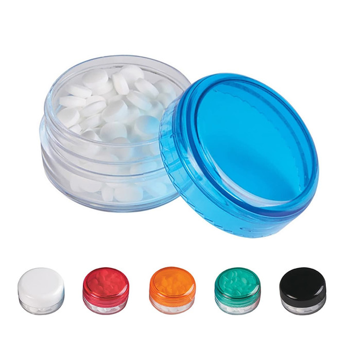 A clear mint jar with a blue screw lid, containing white mints, alongside coloured lids in red, orange, green, and black.