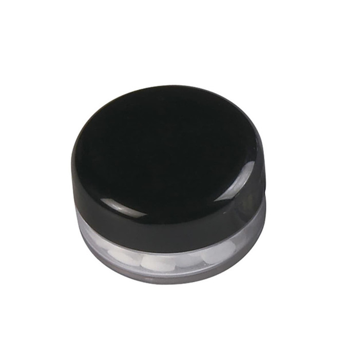 A black screw lid mint jar with a clear base containing white mints inside. Features a logo on the top.