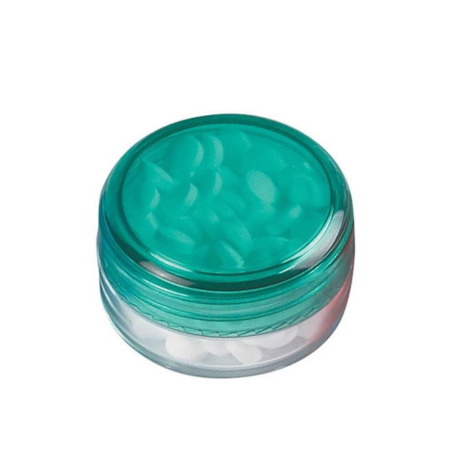 A mint jar with a transparent base and a teal screw lid, filled with white mint tablets.