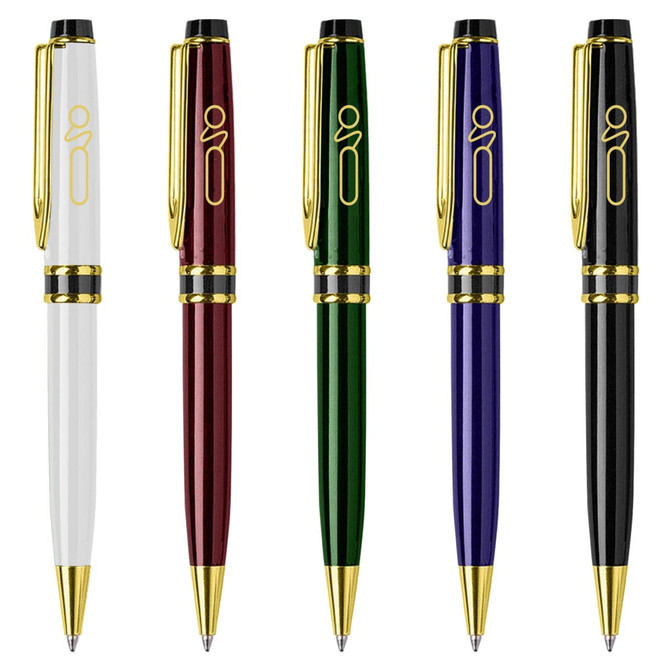 A set of five metal pens in white, burgundy, green, blue, and black, with gold trims and a logo.
