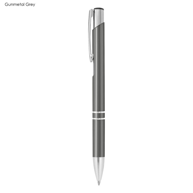 A metal pen in gunmetal grey with silver accents and a clip. It features a sleek design and a branding logo.