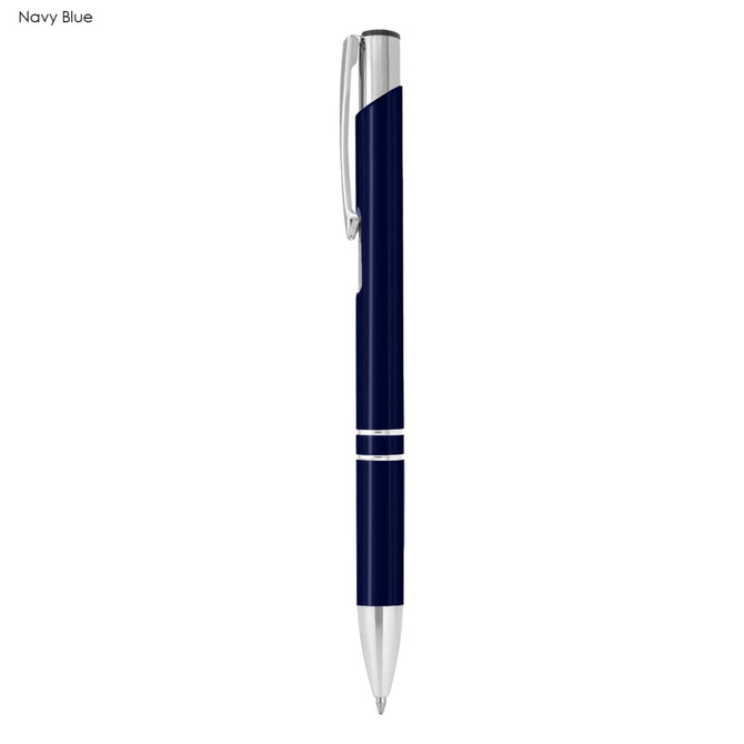 A navy blue metal pen with silver accents and a sleek design. It features a clip and a branding logo.