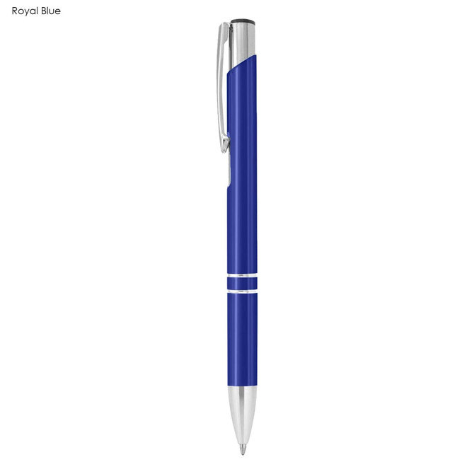 A royal blue metal pen with silver accents and a clip, featuring a sleek design and a branding logo.