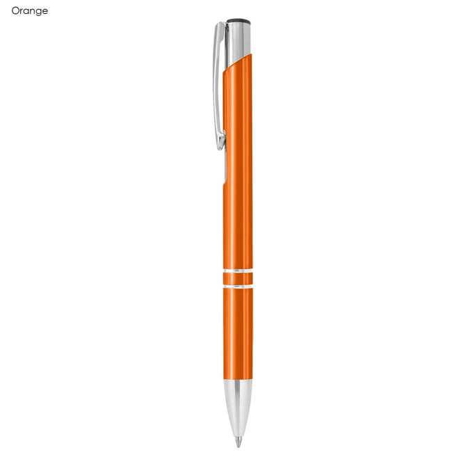 An orange metal pen with a silver clip and accents, featuring a glossy finish and branding.