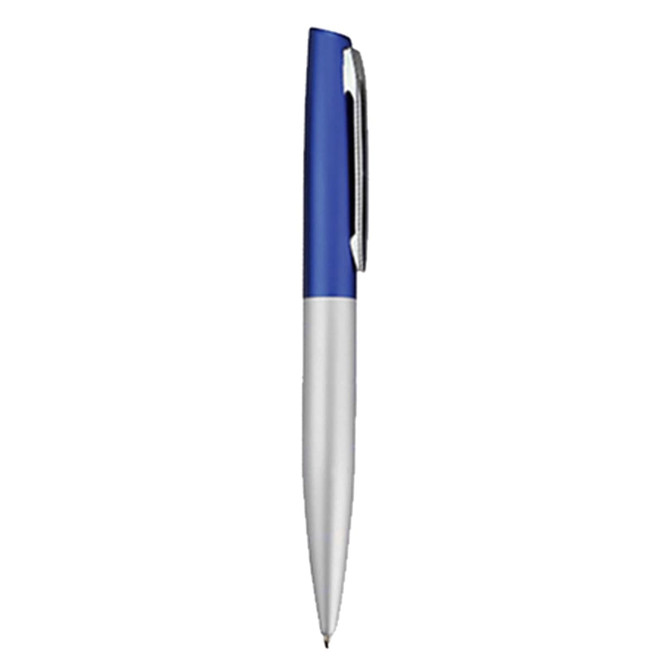 A metal pen with a blue top and silver barrel, featuring a clip and branding.