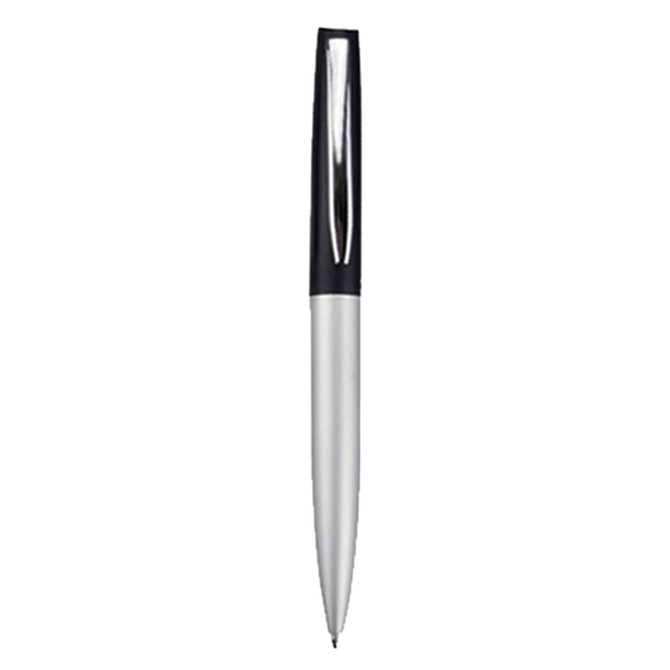 A metal pen in silver and black, featuring a sleek design and a logo on the body.