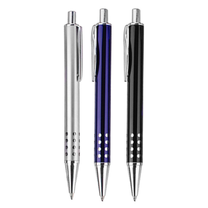 Three metal pens in silver, blue, and black, featuring a decorative design and clips, with a logo present.