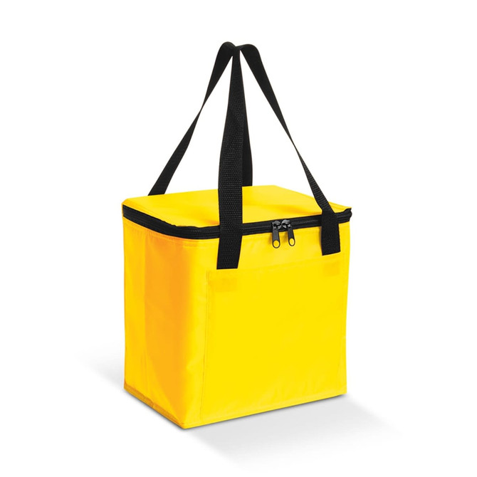 A bright yellow cooler bag with black straps and a zippered top. It features one side pocket and a logo.