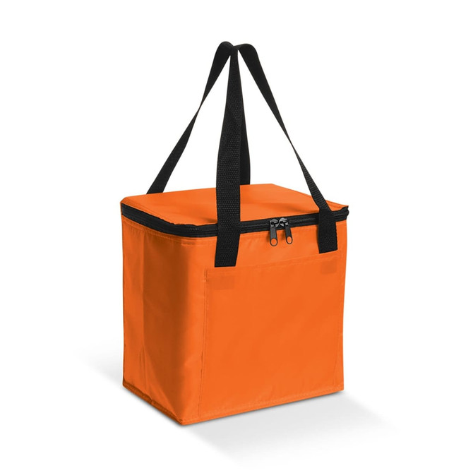 An orange cooler bag with black straps and a zippered top, featuring a side pocket and a simple design.