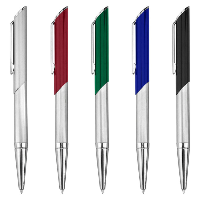 Five metal pens in silver, burgundy, green, blue, and black, featuring a sleek design and branding.