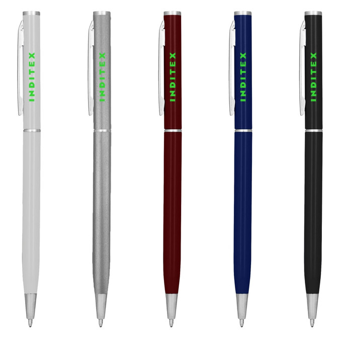 A collection of five metal pens in silver, dark red, navy blue, black, and white, featuring a logo.